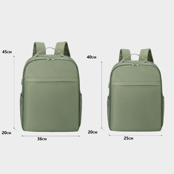 Deux tailles de sac à dos de voyage femme avec les dimensions affichées