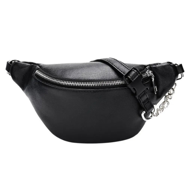 Sac banane femme en cuir noir avec détails métalliques et fermetures robustes