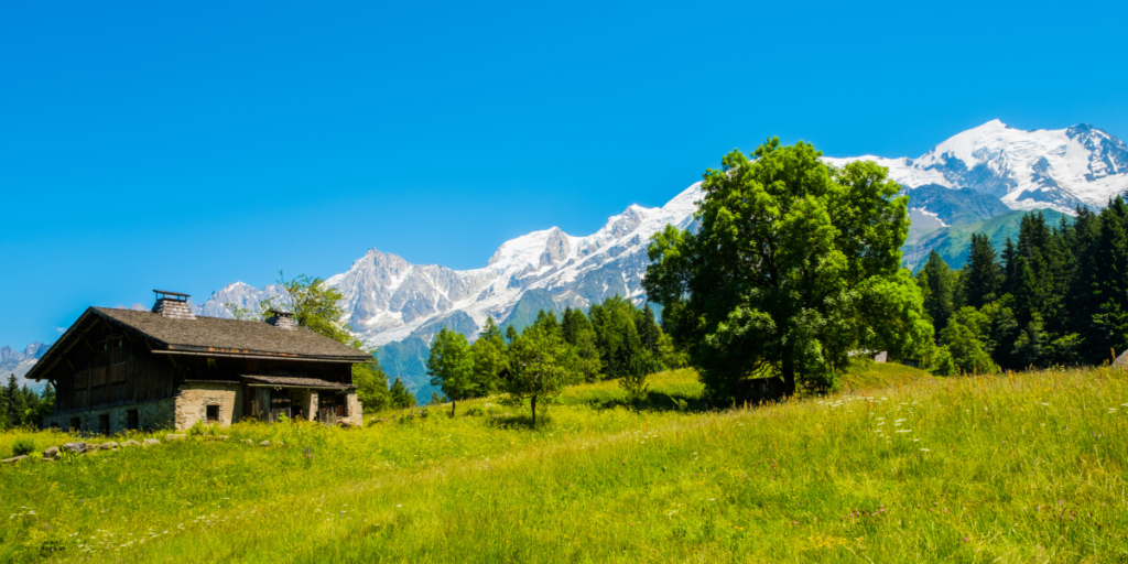 Un chalet de montagne entouré de verdure avec le Mont Blanc en arrière-plan.